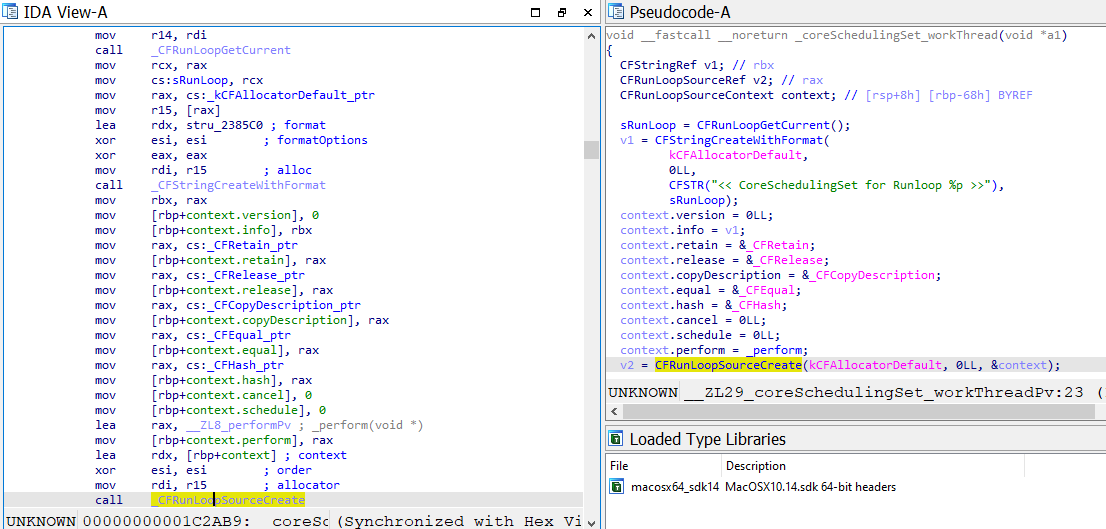 Sample of x86_64 user-mode code using CoreFoundation APIs